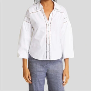 Veronica Beard Glenda Stretch Cotton Button Down Shirt 6 Puff Balloon Sleeve